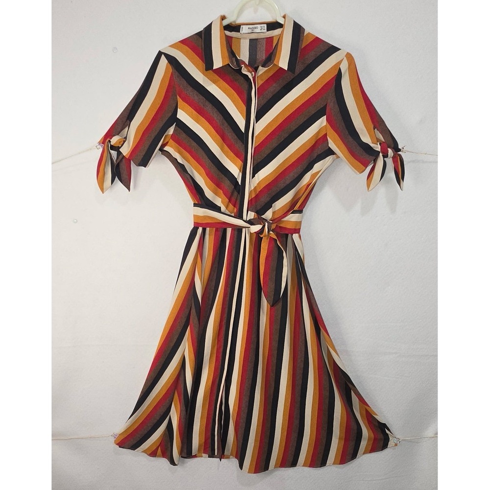 Mango Suit Striped Midi Shirt Dress Multi Color Belted Tie Sleeve Womens Size 2